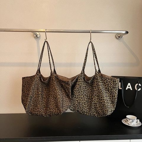 Bolso Tote De Lona Con Estampado De Leopardo De Gran Capacidad Vintage Retro Moda Coreana Bolso De Hombro Para Mujer