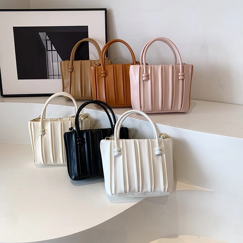 Borsa A Mano Pieghettata Pelle PU Donna Trama Verticale Borsa A Tracolla Con Tracolla Rimovibile Moda Versatile
