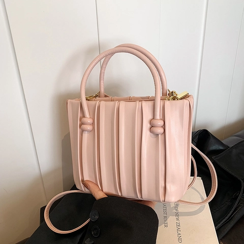 Borsa A Mano Pieghettata Pelle PU Donna Trama Verticale Borsa A Tracolla Con Tracolla Rimovibile Moda Versatile