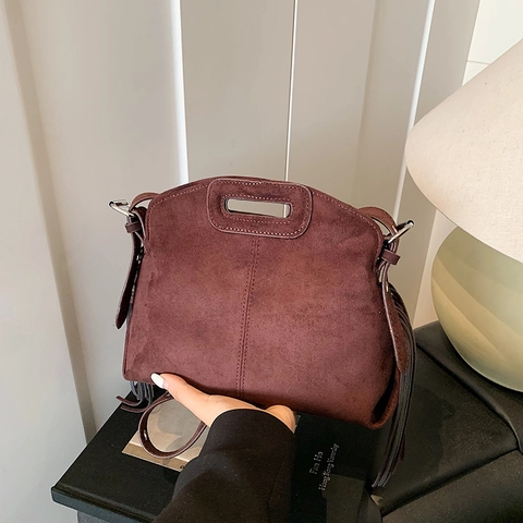 Dames Suède Schoudertas Met Kwastjes Retro Boho Franje Crossbodytas Met Holle Handgreep Verstelbare Riem Casual