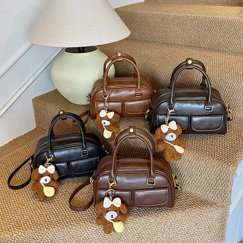 Vintage PU Leather Boston Bag Women Shoulder Crossbody Purse With Front Pockets Retro Solid Color Commuting Handbag
