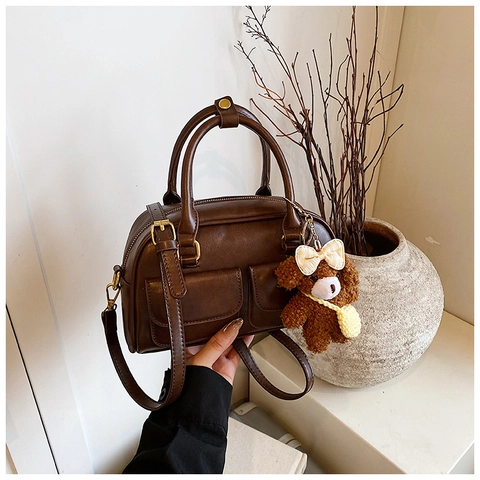 Vintage PU Leather Boston Bag Women Shoulder Crossbody Purse With Front Pockets Retro Solid Color Commuting Handbag