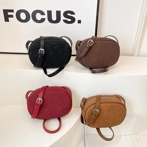 Women Oval Crossbody Bag PU Suede Leather Retro Simple Shoulder Handbag With Adjustable Strap Solid Color