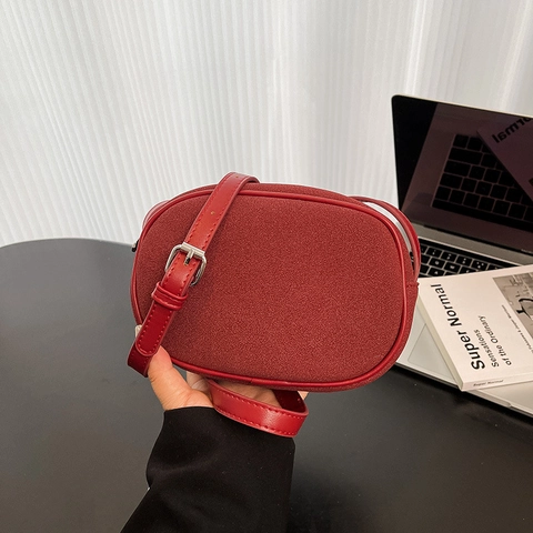 Women Oval Crossbody Bag PU Suede Leather Retro Simple Shoulder Handbag With Adjustable Strap Solid Color