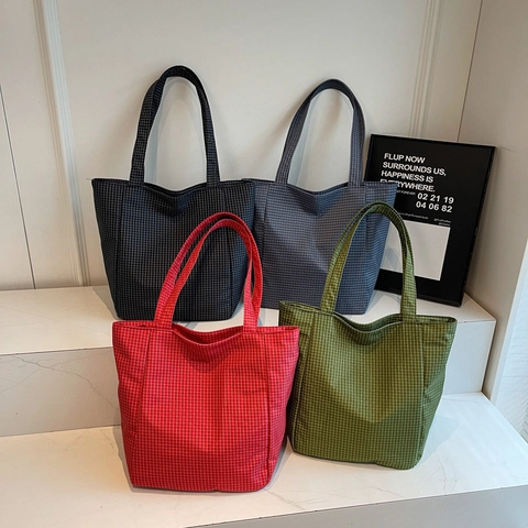 Karierte Canvas Tote Bag Große Kapazität Gittermuster Schulterhandtasche Für Frauen Lässiger Minimalistischer Stil