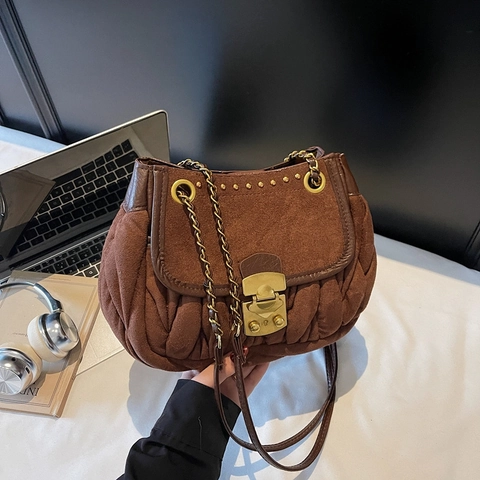 Plissee Wildleder Umhängetasche Mit Kettengurt Und Schnallenverschluss Retro Crossbody Tasche Für Damen
