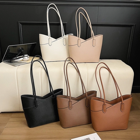 Women Litchi Grain PU Leather Tote Bag Large Capacity V-Shaped Opening Minimalist Commute Shoulder Handbag