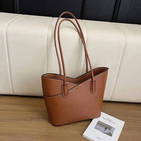 Women Litchi Grain PU Leather Tote Bag Large Capacity V-Shaped Opening Minimalist Commute Shoulder Handbag