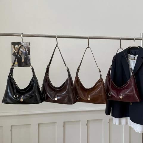 Retro Hobo Bag Women PU Leather Oil Wax Texture Large Capacity Underarm Shoulder Bag Solid Color Versatile Tote Bag