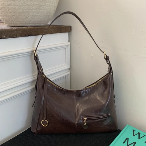 Retro Hobo Bag Women PU Leather Oil Wax Texture Large Capacity Underarm Shoulder Bag Solid Color Versatile Tote Bag