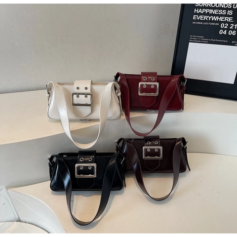 Baguette Tasche Glänzendes PU Leder Unterarm Schultertasche Mit Großer Silberschnalle Retro Minimalistische Handtasche