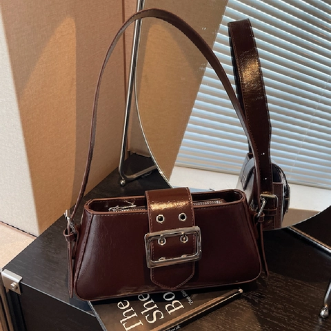 Baguette Tasche Glänzendes PU Leder Unterarm Schultertasche Mit Großer Silberschnalle Retro Minimalistische Handtasche