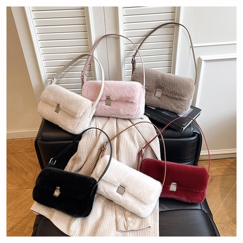Bolso De Hombro Para Mujer En Piel Sintética Con Material De Felpa Y Correa De Cuero PU Hebilla De Metal Color Liso