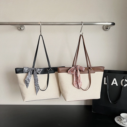 Borsa Tote In Tela E Pelle PU Grande Capacità Con Sciarpa Di Raso Borsa A Tracolla Chic Per Donna