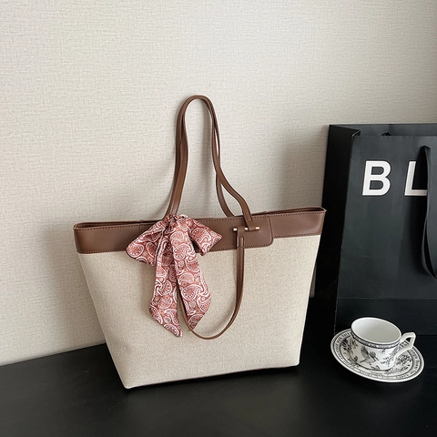 Borsa Tote In Tela E Pelle PU Grande Capacità Con Sciarpa Di Raso Borsa A Tracolla Chic Per Donna