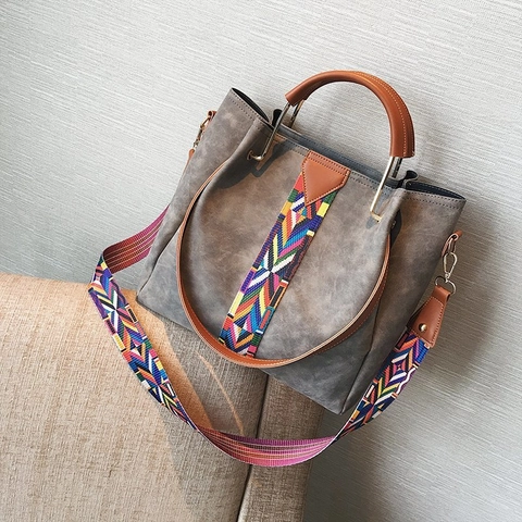 Ensemble Sac À Main Femme Cuir PU Mat Avec Bandoulière Tissée Bohème Colorée Vintage Grand Sac À Épaule