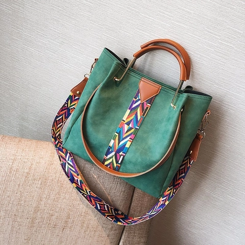 Ensemble Sac À Main Femme Cuir PU Mat Avec Bandoulière Tissée Bohème Colorée Vintage Grand Sac À Épaule