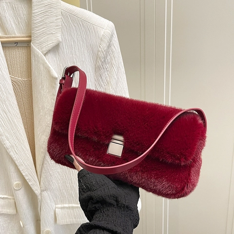 Bolso De Hombro Para Mujer En Piel Sintética Con Material De Felpa Y Correa De Cuero PU Hebilla De Metal Color Liso