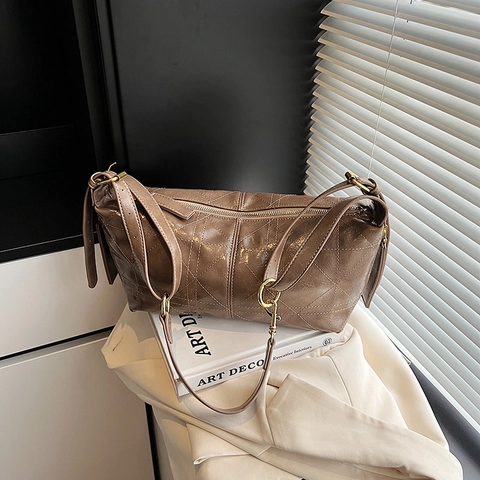 Damen Schulter Umhängetasche Große Kapazität Glänzendes PU Leder Gestepptes Rautenmuster Minimalistisch Retro Urban Daily Tote