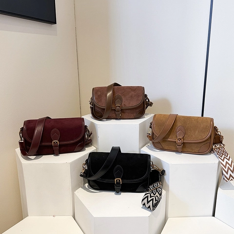 Women Retro Baguette Crossbody Bag Suede Leather Patchwork With Wide Webbing Strap Flap Small Square Bag Casual