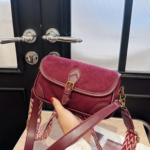 Women Retro Baguette Crossbody Bag Suede Leather Patchwork With Wide Webbing Strap Flap Small Square Bag Casual