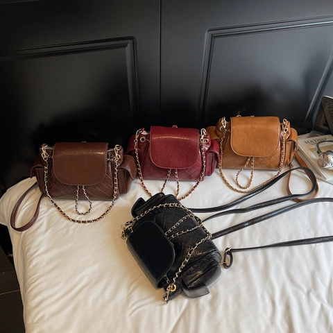 Damen Vintage Gesteppter PU Leder Rucksack Mit Goldener Kette Koreanischer Stil Multifunktions Schultertasche