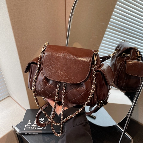 Damen Vintage Gesteppter PU Leder Rucksack Mit Goldener Kette Koreanischer Stil Multifunktions Schultertasche