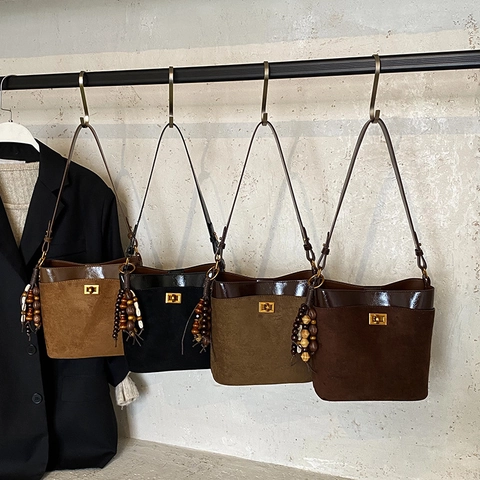 Retro Bucket Bag PU Wildleder Leder Patchwork Schulter Tasche Metallschloss Holzperlen Damen Alltag Pendeln Schlicht