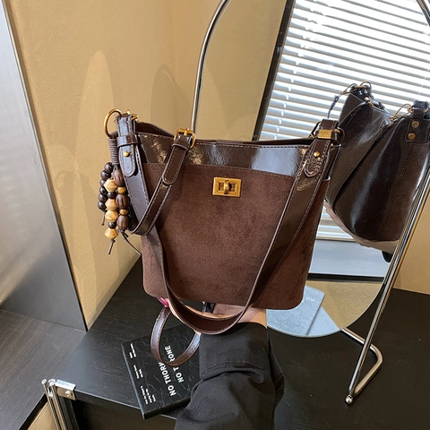 Retro Bucket Bag PU Wildleder Leder Patchwork Schulter Tasche Metallschloss Holzperlen Damen Alltag Pendeln Schlicht
