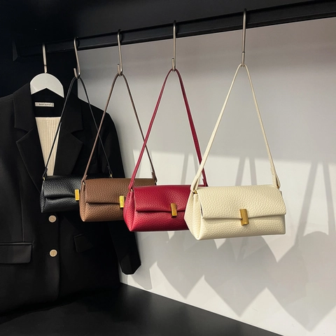 Borsa A Spalla Minimalista Da Donna In Pelle PU Grana Litchi Borsa Sottobraccio Vintage Con Fibbia In Metallo Dorato Crossbody