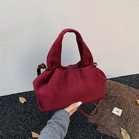 Bolso De Mano Para Mujer En PU Esmerilado Diseño De Nube Fruncida Bolso Bandolera Retro Color Sólido Con Correa