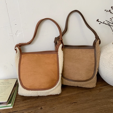 Borsa A Tracolla Da Donna In Pelle Scamosciata Sherpa Patchwork Grande Capacità Vintage Inverno Con Pochette Interna Borsa Calda