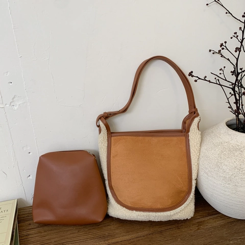 Borsa A Tracolla Da Donna In Pelle Scamosciata Sherpa Patchwork Grande Capacità Vintage Inverno Con Pochette Interna Borsa Calda