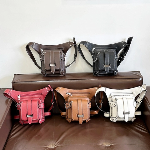 Bolso De Pierna Cuero PU Multi Bolsillo Remache Cadena Riñonera Moto Punk Rock Bolso De Cintura Para Mujer
