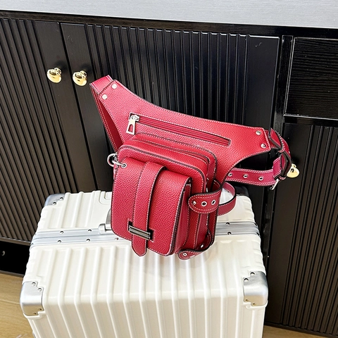 Bolso De Pierna Cuero PU Multi Bolsillo Remache Cadena Riñonera Moto Punk Rock Bolso De Cintura Para Mujer