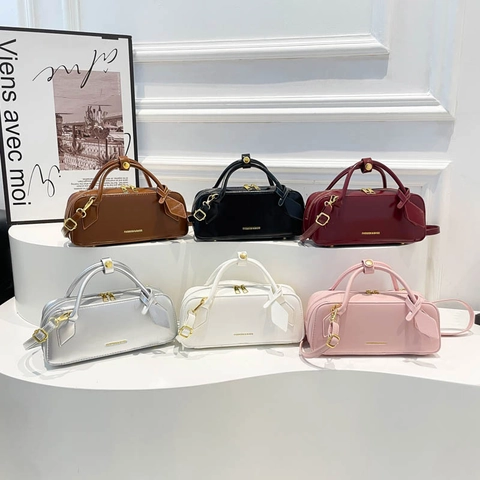 Bolso Boston Retro Francés De Cuero PU Color Sólido Bolso De Hombro Cruzado Para Mujer