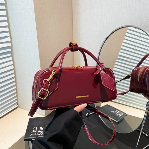 Bolso Boston Retro Francés De Cuero PU Color Sólido Bolso De Hombro Cruzado Para Mujer