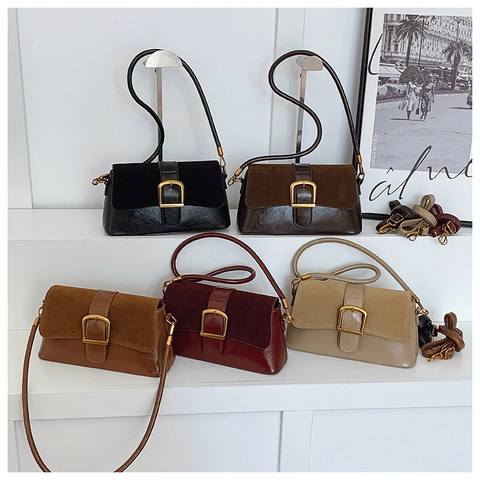 Vintage Shoulder Bag PU Leather And Suede Patchwork Retro Crossbody Purse With Gold Metal Buckle Adjustable Strap