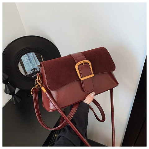 Vintage Shoulder Bag PU Leather And Suede Patchwork Retro Crossbody Purse With Gold Metal Buckle Adjustable Strap