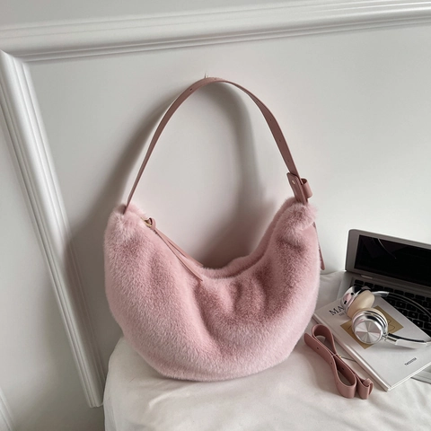 Borsa Hobo A Mezzaluna In Pelliccia Sintetica Peluche Con Tracolla In Pelle Regolabile Moda Invernale Borsa A Spalla Donna