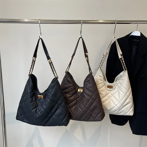 Grand Sac Hobo Matelassé Pour Femmes En Cuir PU Motif Diamant Sac À Épaule Avec Bandoulière Chaîne Fermoir Métallique