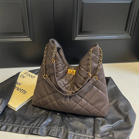 Grand Sac Hobo Matelassé Pour Femmes En Cuir PU Motif Diamant Sac À Épaule Avec Bandoulière Chaîne Fermoir Métallique