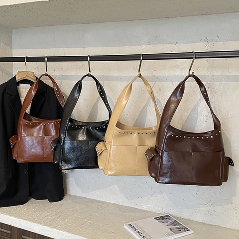 Women Hobo Shoulder Bag PU Leather Rivet Studded Large Capacity Underarm Handbag Vintage Casual Tote