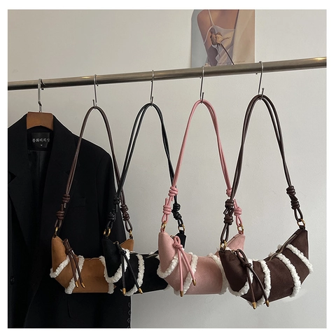Borsa A Spalla Mezzaluna Donna Scamosciata Lana Di Agnello Patchwork Retro Inverno Hobo