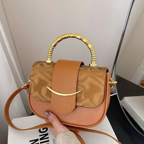Vintage PU Leather Square Box Bag With Bamboo Metal Handle And Crescent Lock For Women Retro French Style Crossbody Handbag
