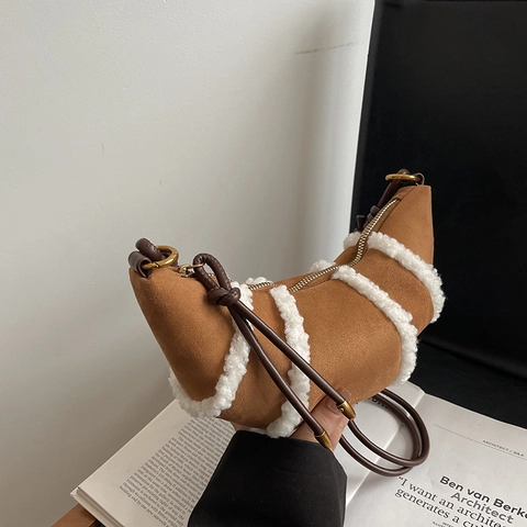 Borsa A Spalla Mezzaluna Donna Scamosciata Lana Di Agnello Patchwork Retro Inverno Hobo