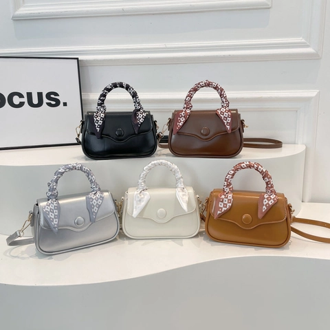 Women Crossbody Bag PU Leather Handbag Satin Scarf Wrapped Handle Wave Edge Flap Elegant Fashion Shoulder Bag