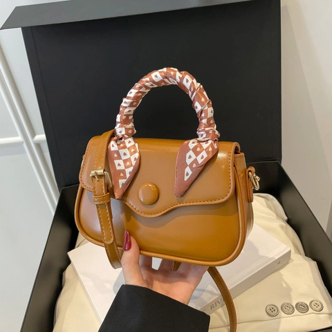 Women Crossbody Bag PU Leather Handbag Satin Scarf Wrapped Handle Wave Edge Flap Elegant Fashion Shoulder Bag
