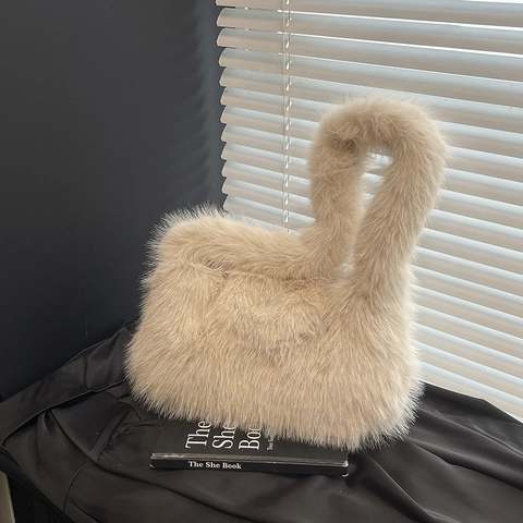 Faux Fur Plush Shoulder Bag Women Minimalist Soft Fuzzy Underarm Handbag Elegant Autumn Winter Solid Color Travel Bag
