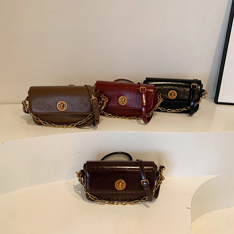 Vintage Square Crossbody Bag Shiny PU Leather Gold Chain Turn Lock Flap Shoulder Handbag For Women